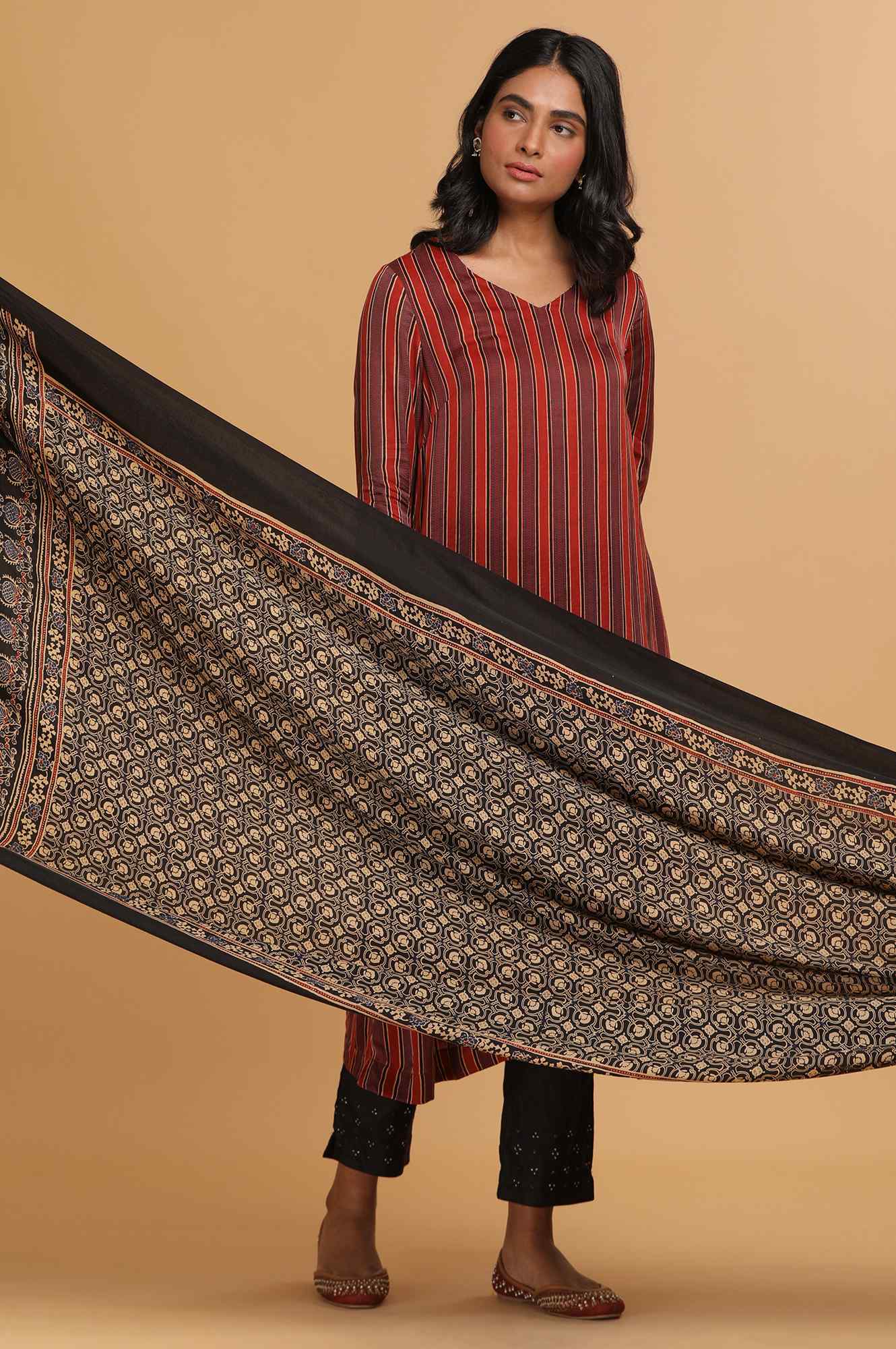 Black Geometric Ajrakh Printed Tasselled Modal Satin Dupatta