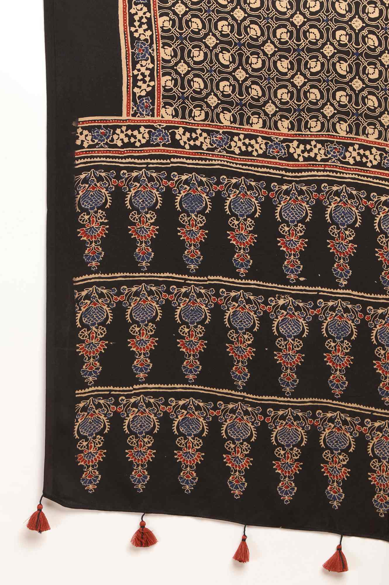 Black Geometric Ajrakh Printed Tasselled Modal Satin Dupatta