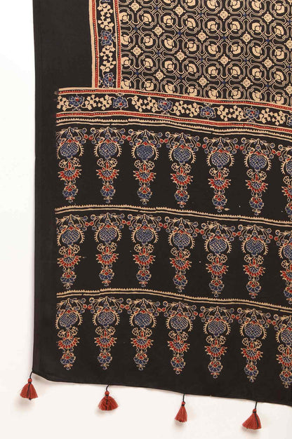 Black Geometric Ajrakh Printed Tasselled Modal Satin Dupatta