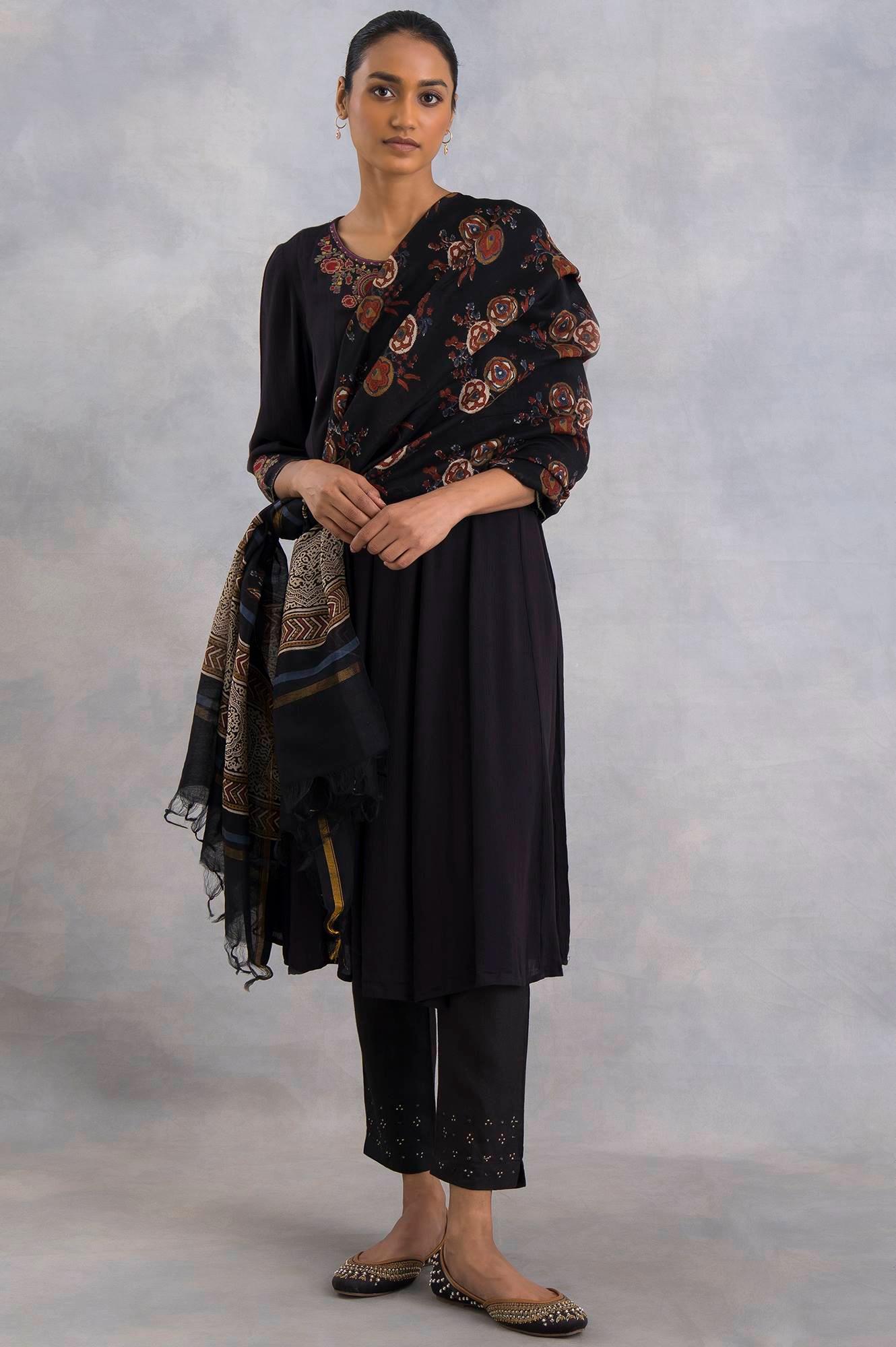Dark Brown Hand Block Printed Drape - wforwoman