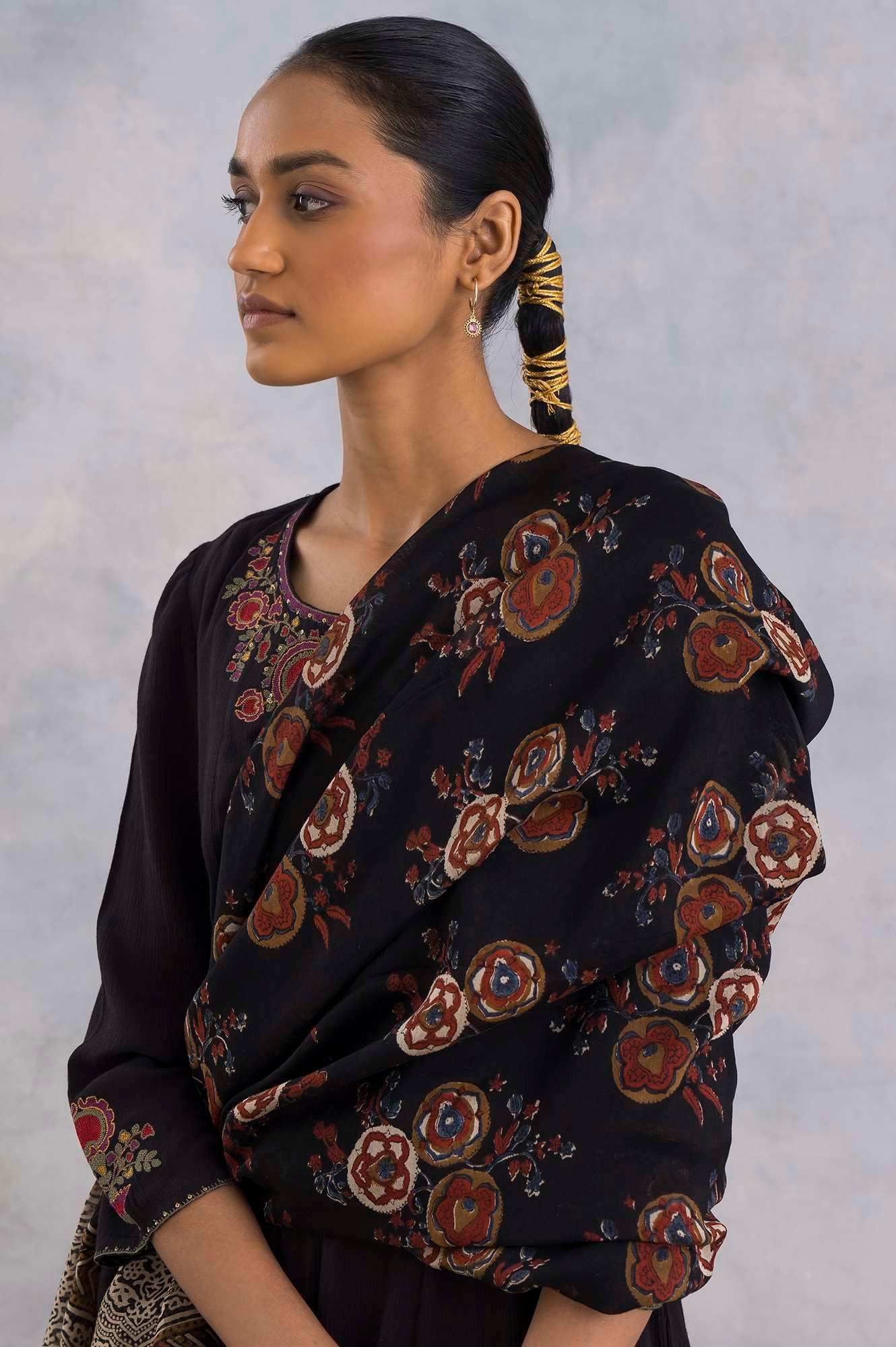 Dark Brown Hand Block Printed Drape - wforwoman