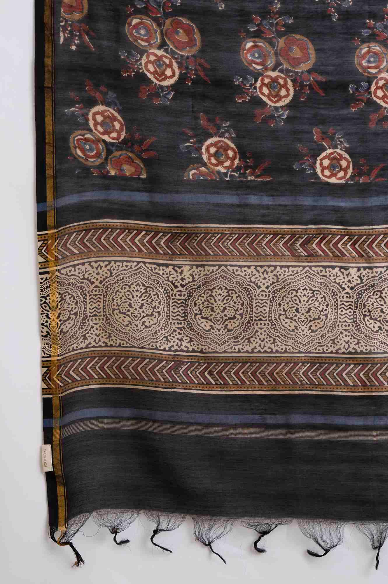Dark Brown Hand Block Printed Drape - wforwoman