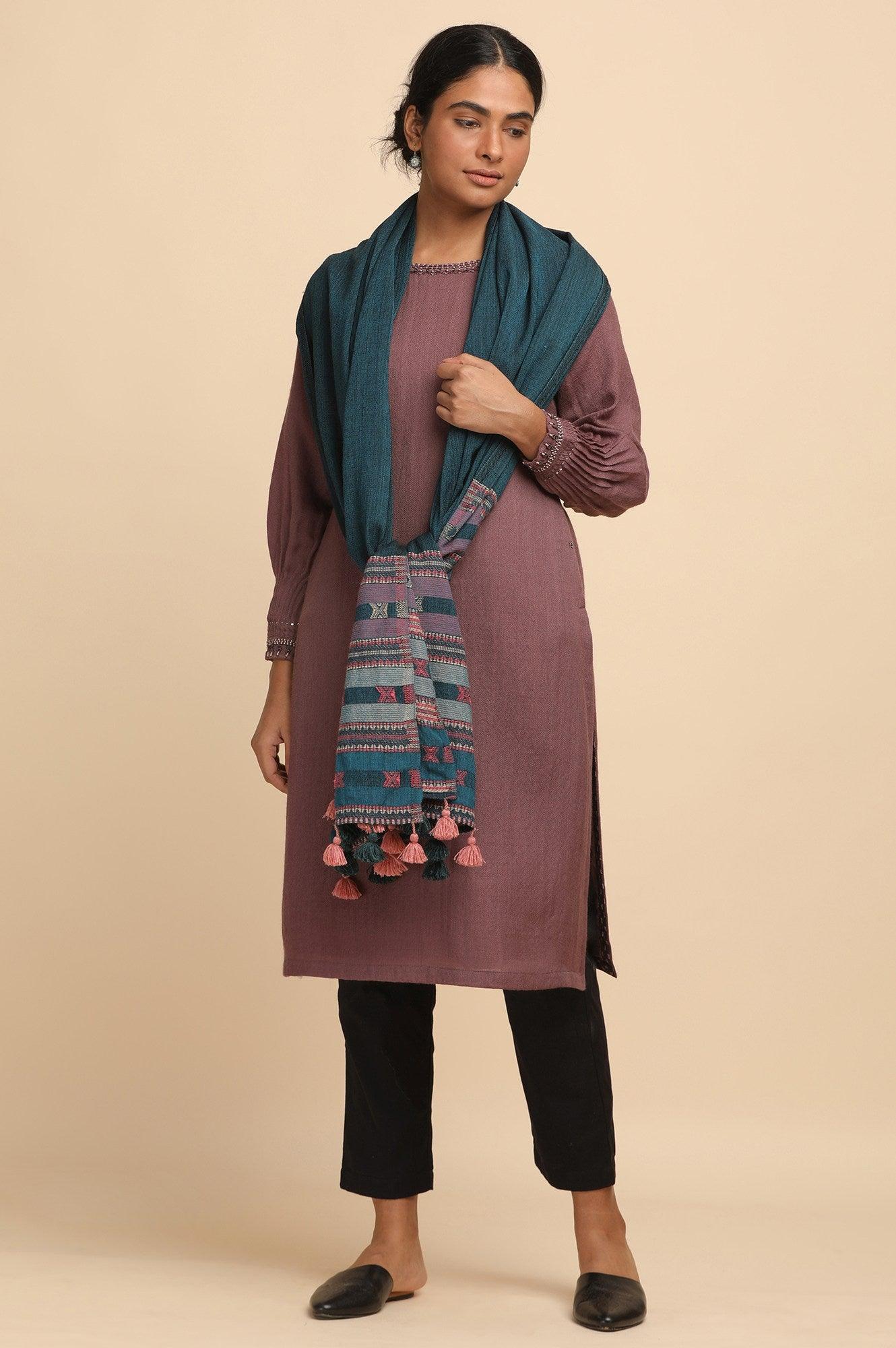 Blue Yarn Dyed Woven Shawl - wforwoman