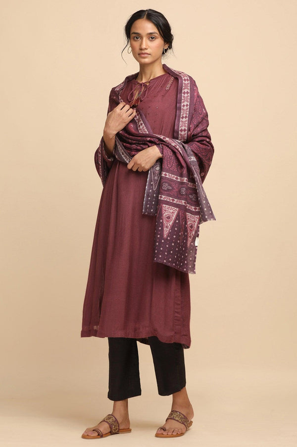 Dark Plum Woollen Printed Shawl
