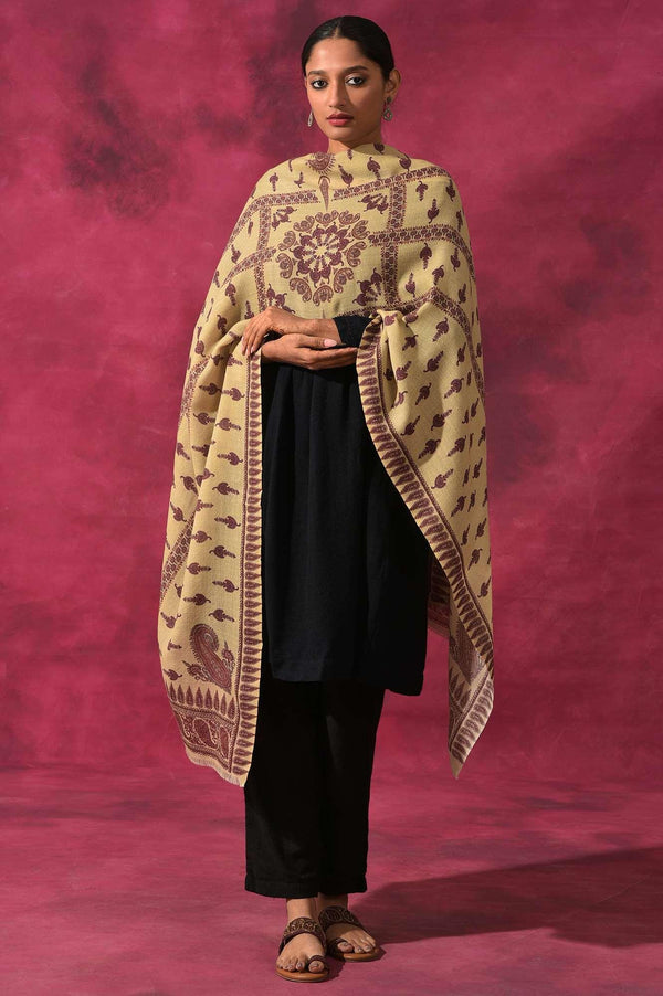 Ecru Paisley Print Woollen Shawl
