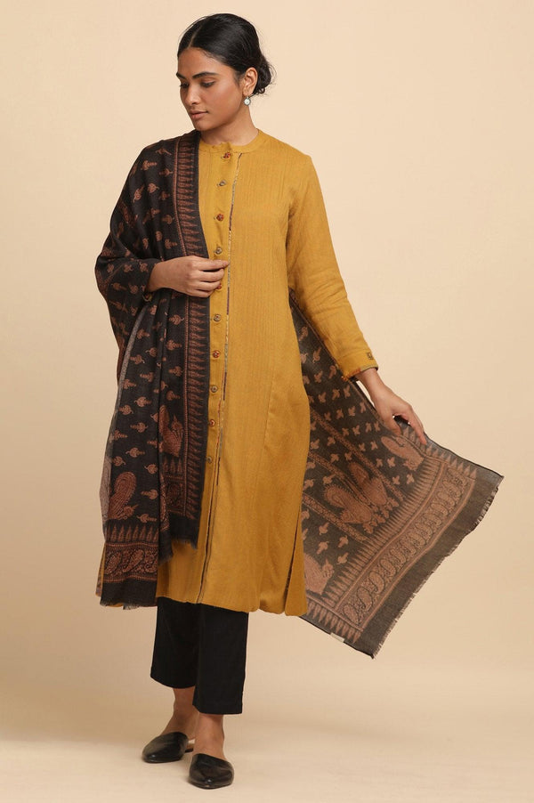 Black Paisley Print Woollen Shawl