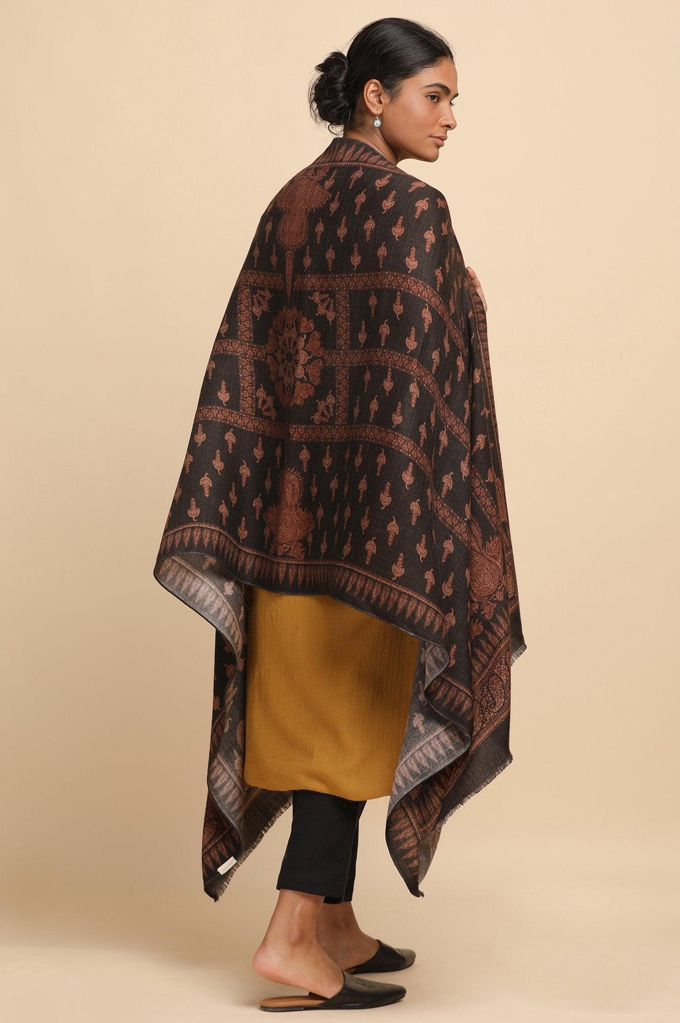 Black Paisley Print Woollen Shawl - wforwoman