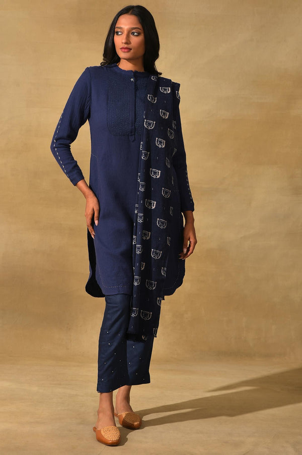 Blue Booti Printed Woollen Shawl