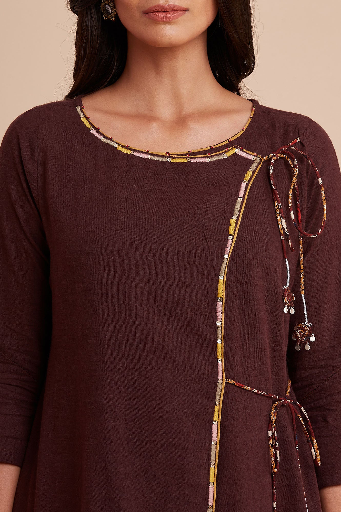 Brown Wrapped cotton kurta with tie up detail