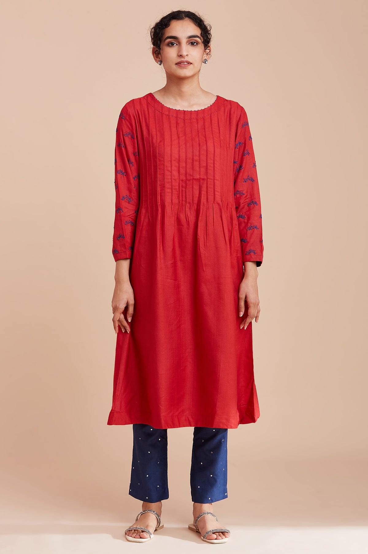 Red Pintuck Dress With Kantha Embroidery - XS