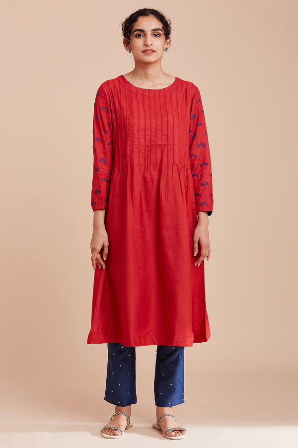 Red Pintuck Dress With Kantha Embroidery
