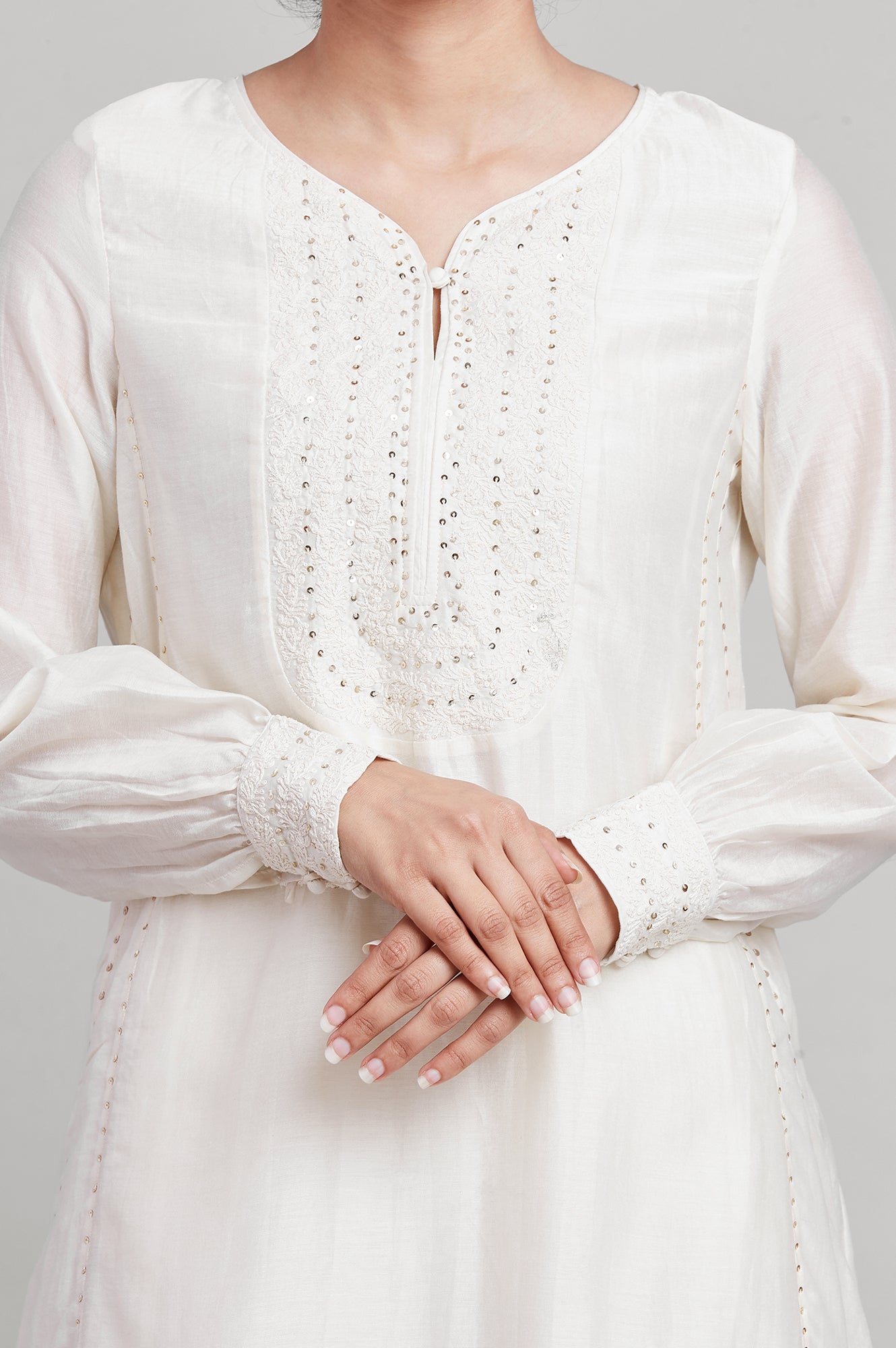 Ecru Chanderi Embroidered kurta With Side Panels