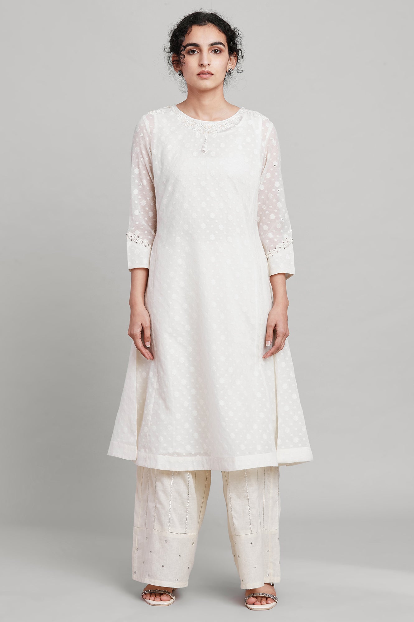Ecru Flared Booti Jacquard kurta