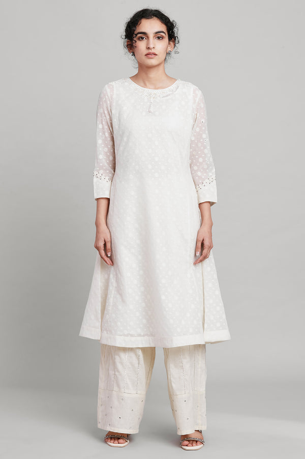 Ecru Flared Booti Jacquard kurta
