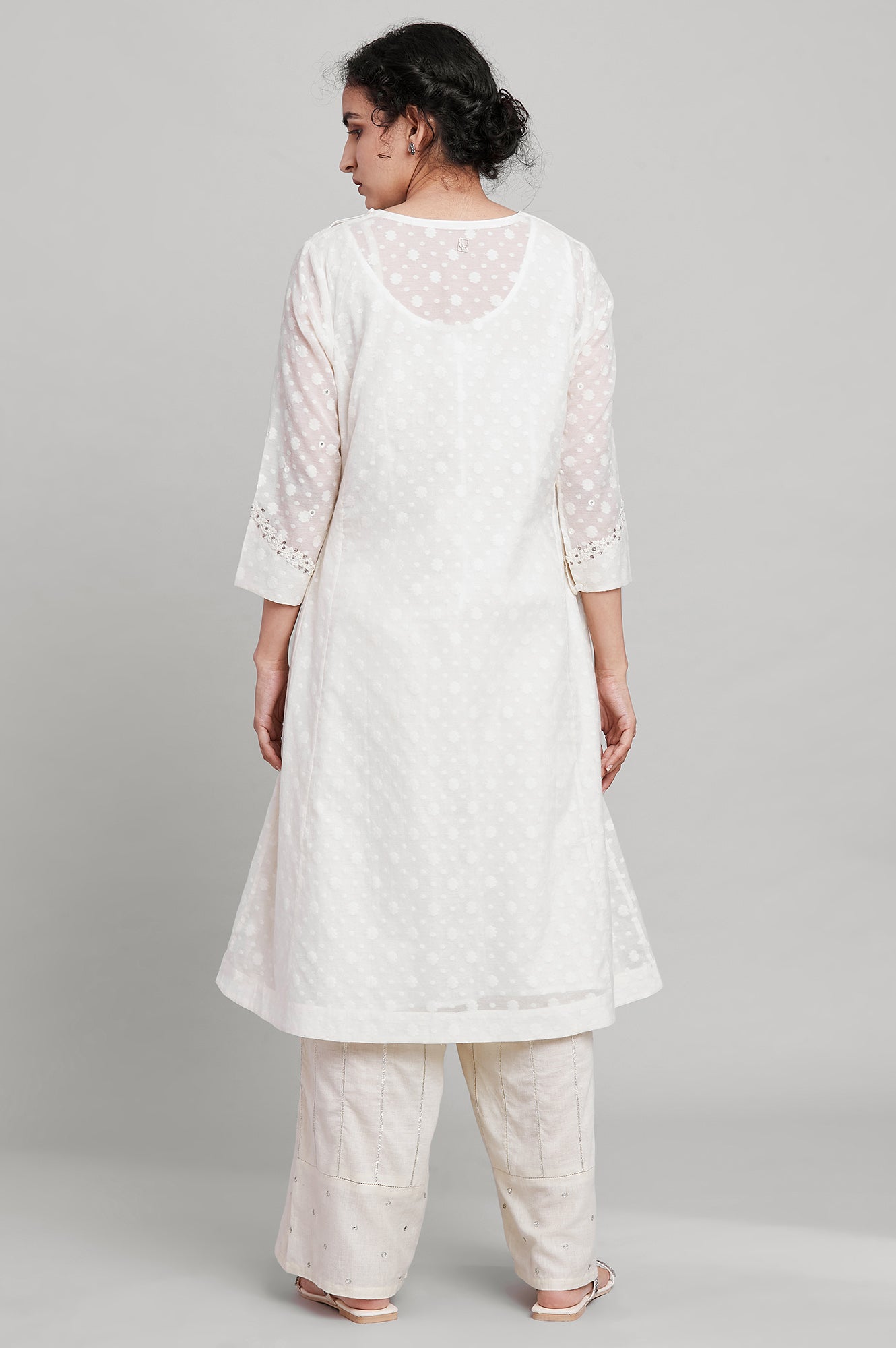 Ecru Flared Booti Jacquard kurta
