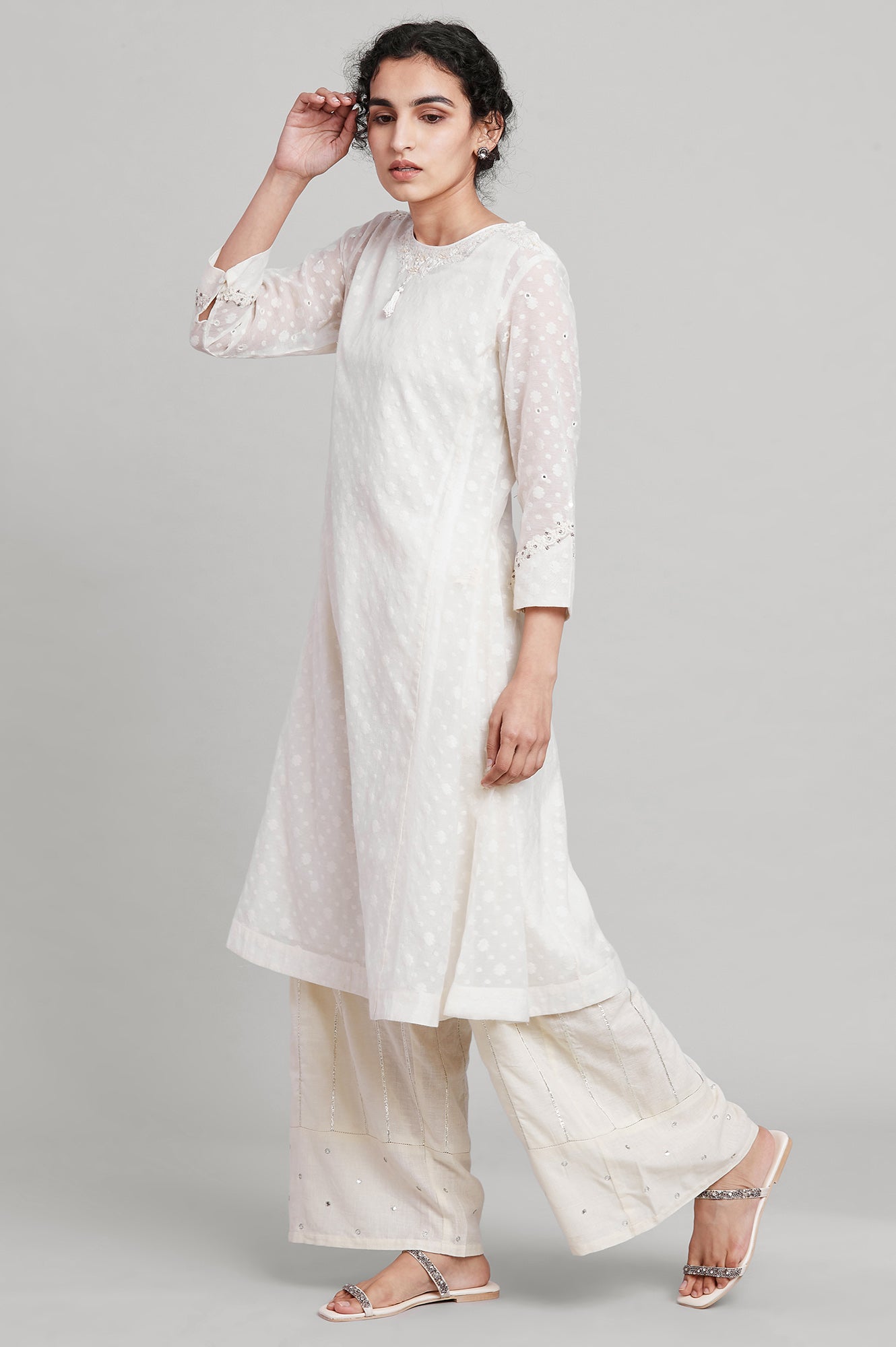 Ecru Flared Booti Jacquard kurta