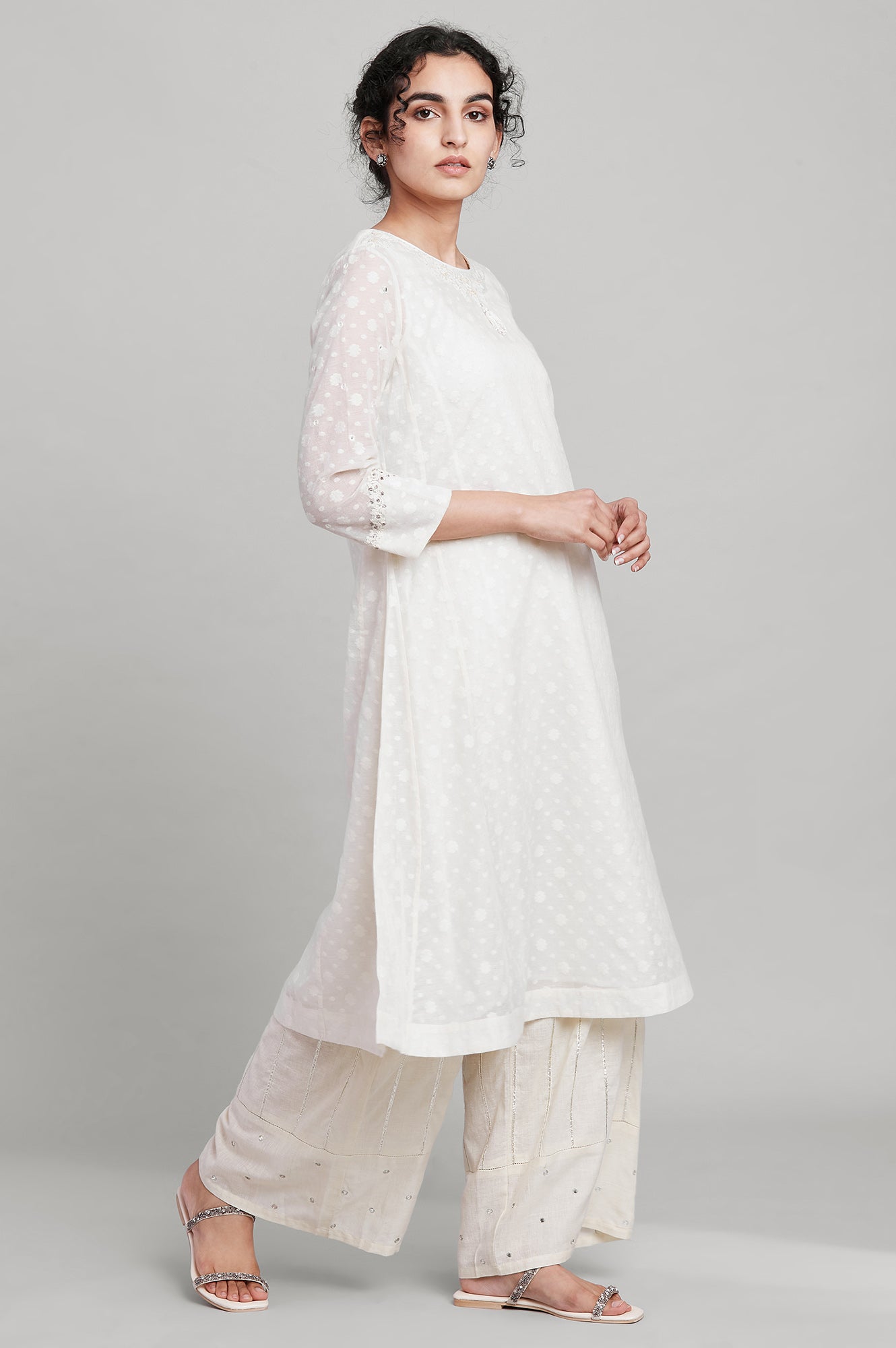 Ecru Flared Booti Jacquard kurta
