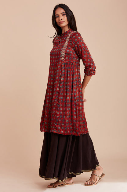 Red Ajrakh Print Dress In Lustrous Satin