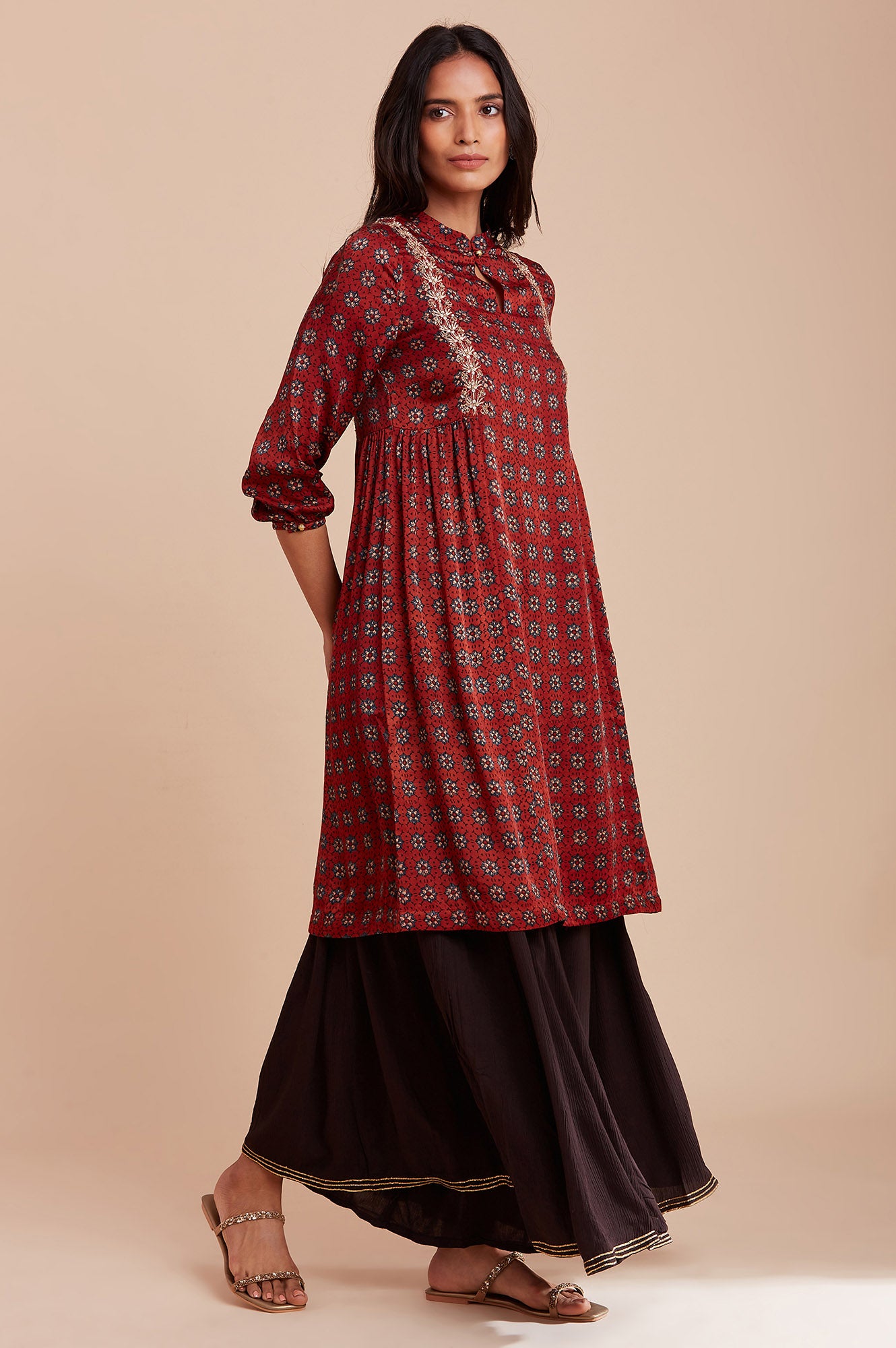Red Ajrakh Print Dress In Lustrous Satin