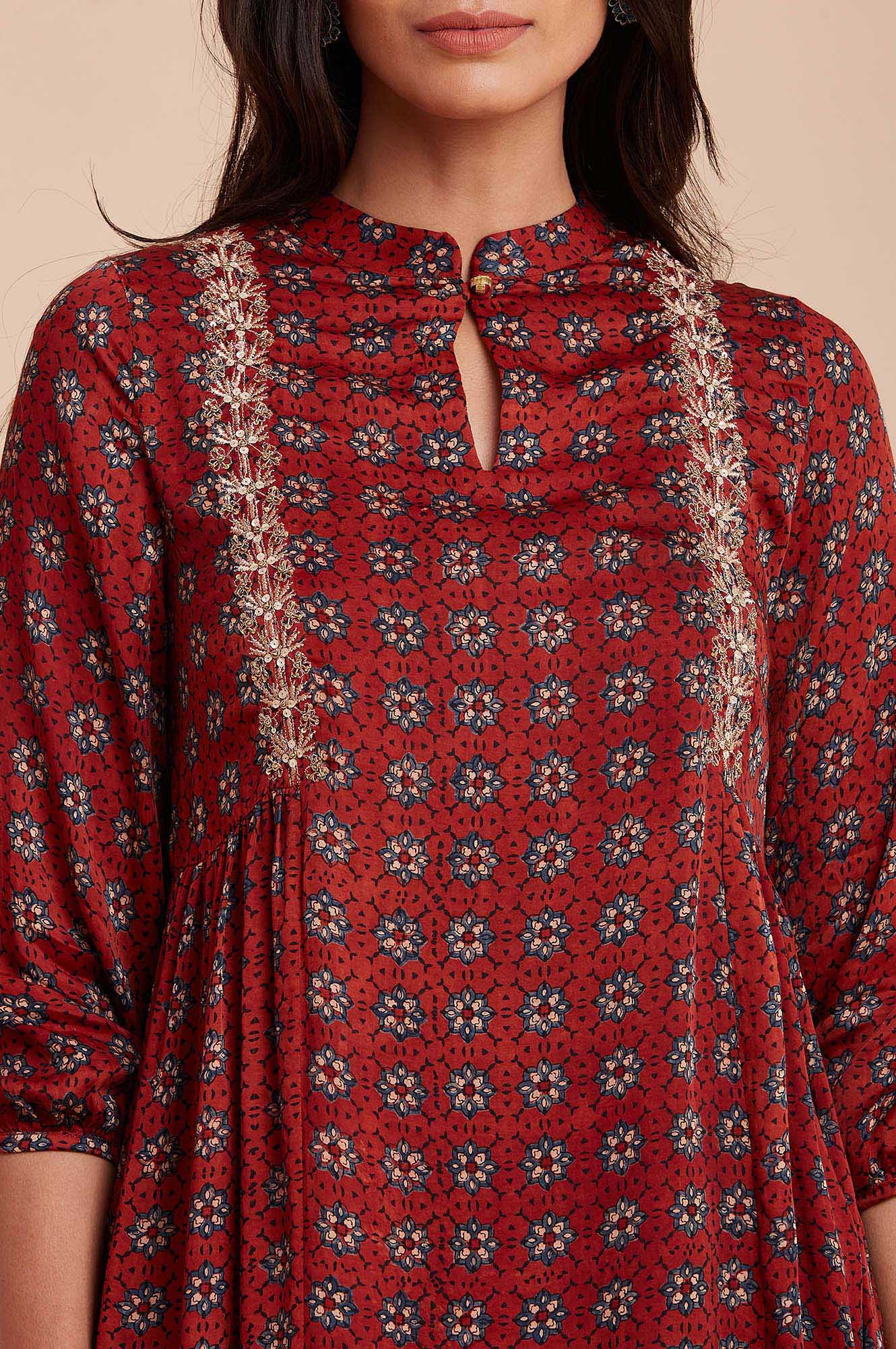 Red Ajrakh Print Dress In Lustrous Satin