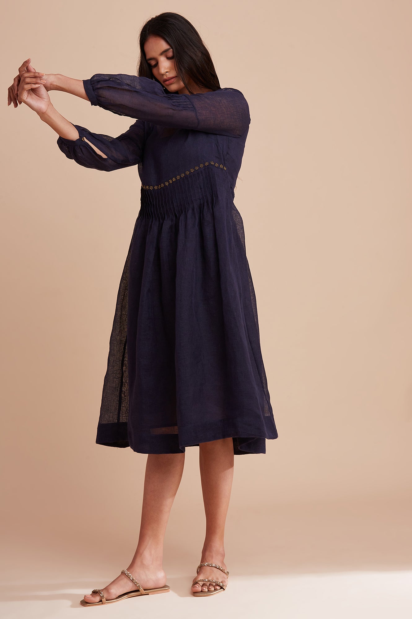 Blue Pleated Linen Dress