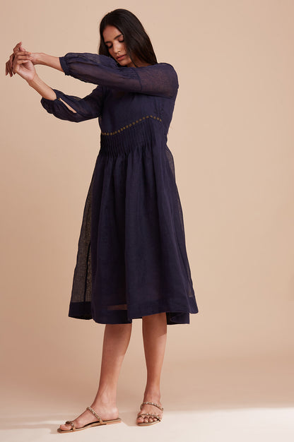 Blue Pleated Linen Dress