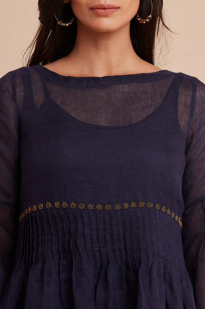 Blue Pleated Linen Dress