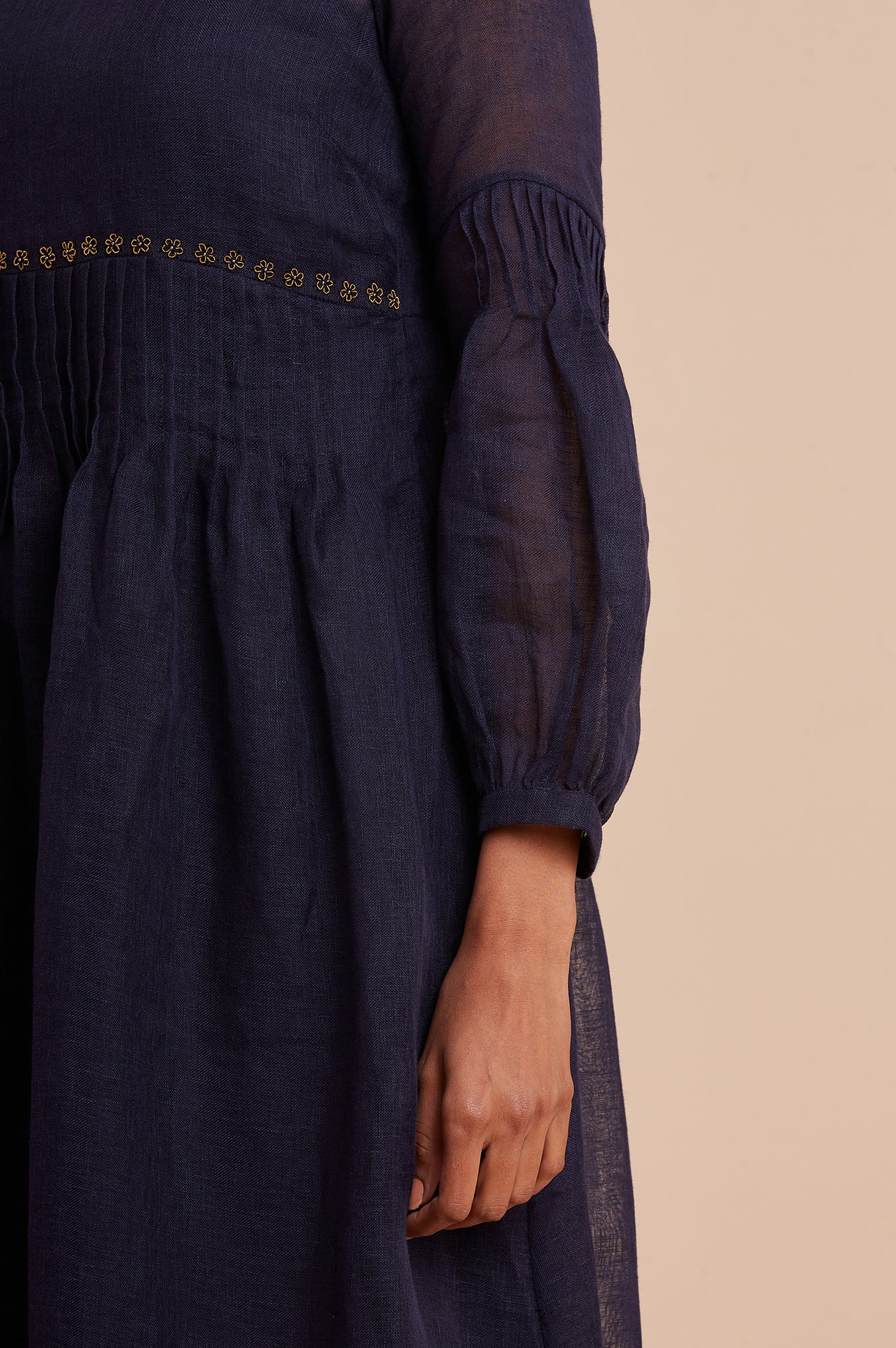 Blue Pleated Linen Dress