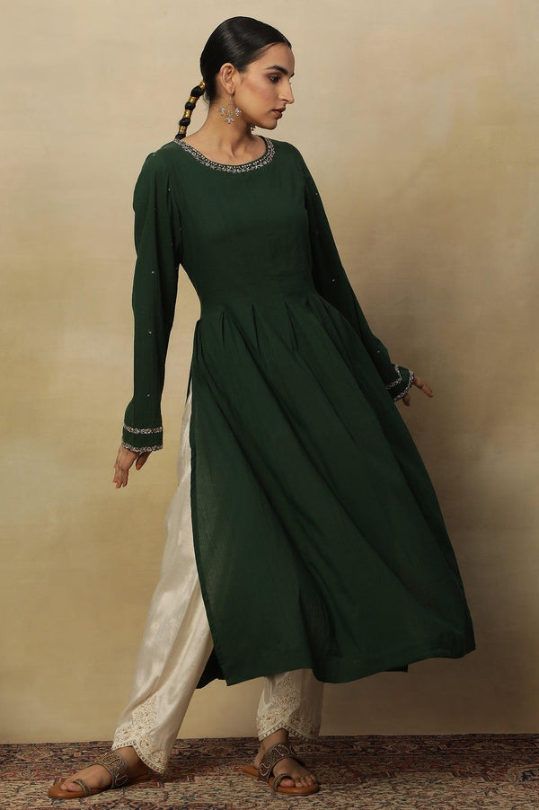 Dark Green Long Line Pleated Kurta In Soft Voile