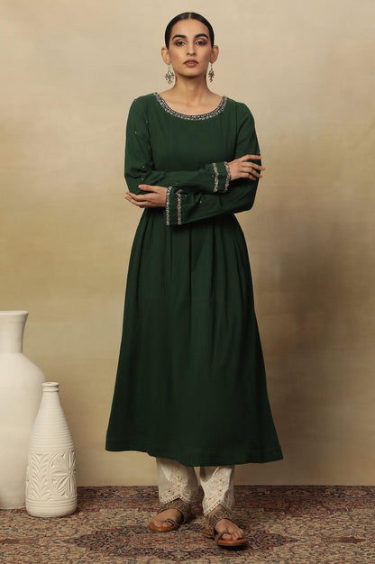 Dark Green Long Line Pleated Kurta In Soft Voile - wforwoman