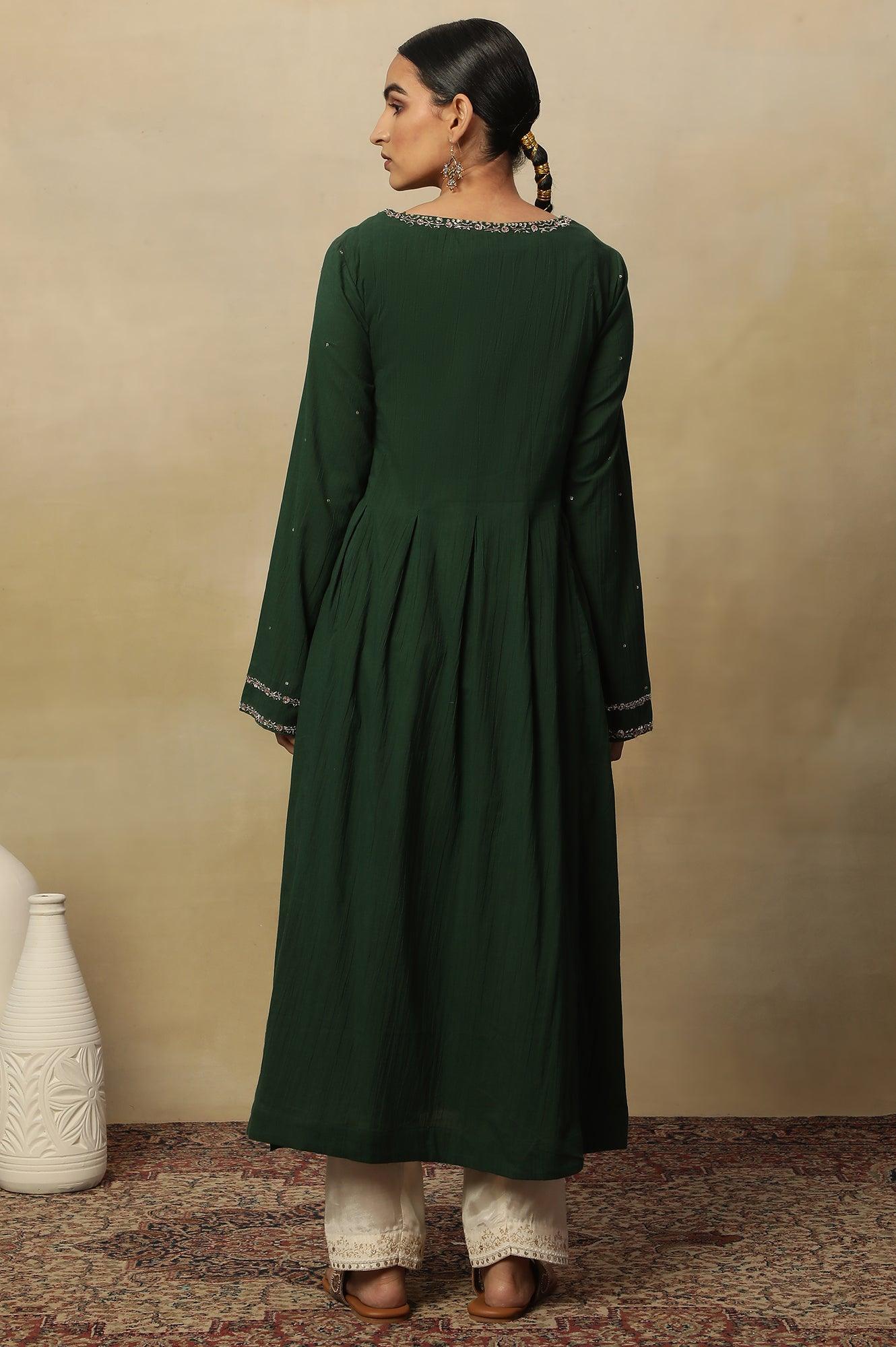 Dark Green Long Line Pleated Kurta In Soft Voile - wforwoman