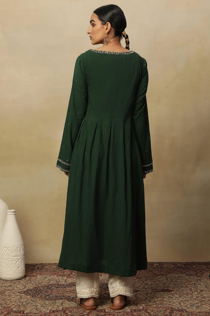 Dark Green Long Line Pleated Kurta In Soft Voile - wforwoman