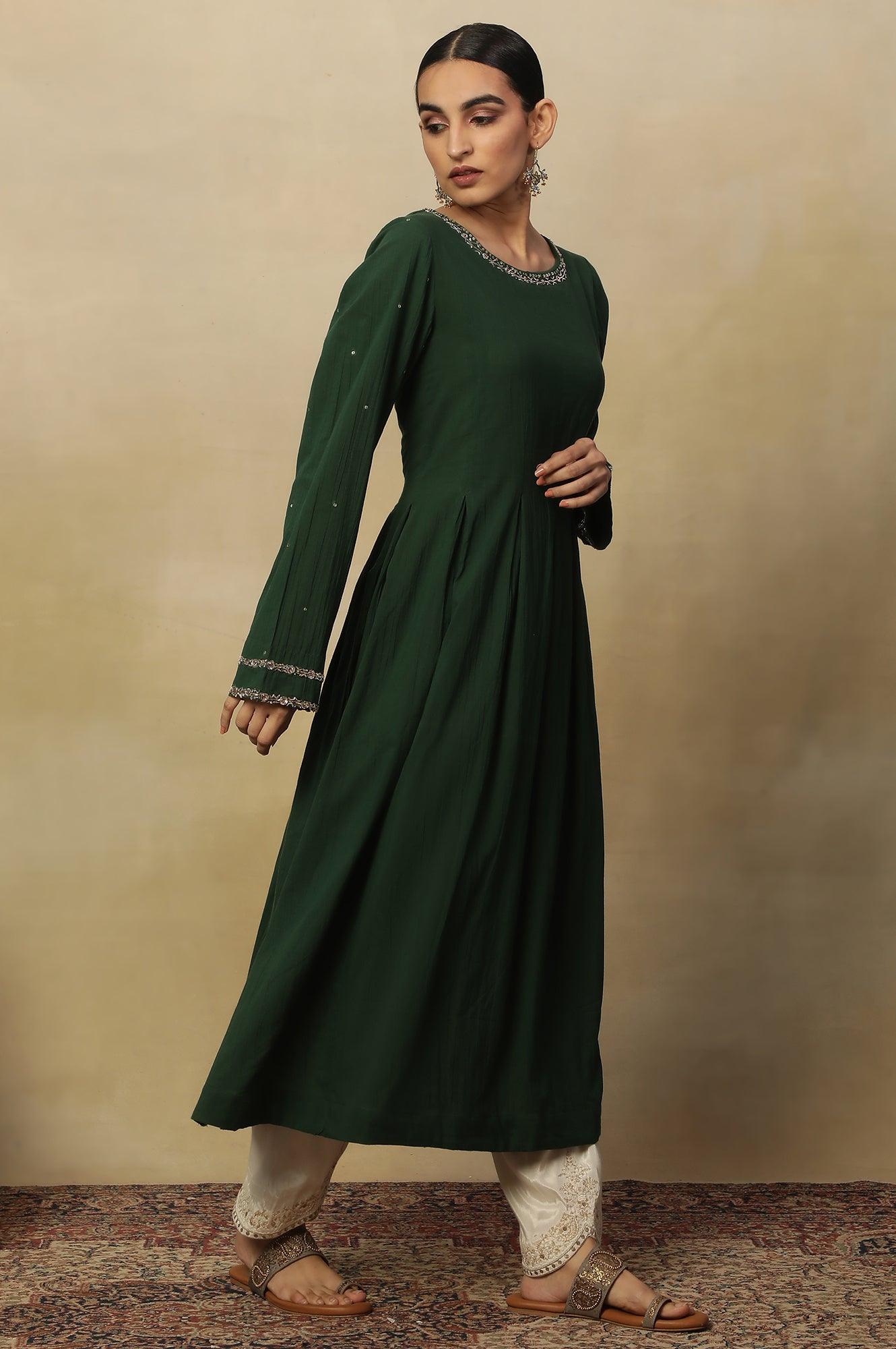 Dark Green Long Line Pleated Kurta In Soft Voile - wforwoman