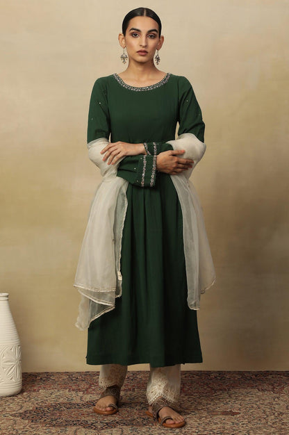 Dark Green Long Line Pleated Kurta In Soft Voile - wforwoman