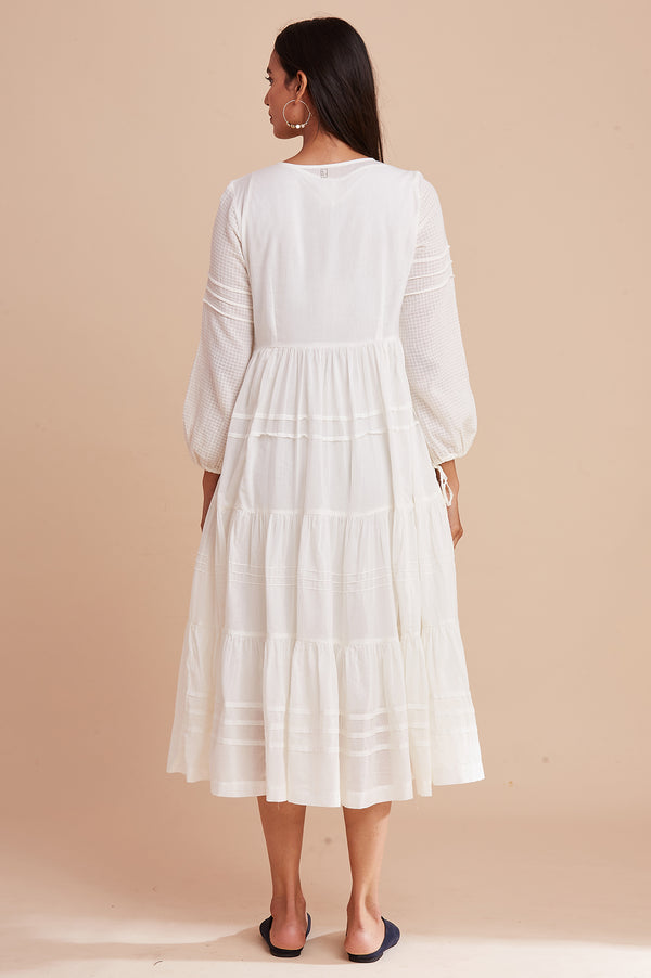 Ecru Long Length Gathered Volume Dress