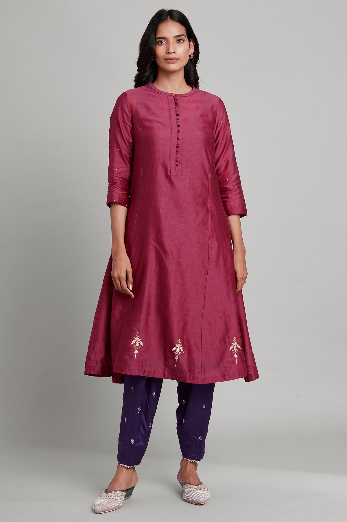 Dark Pink Mandarin Neck Panelled kurta - XS