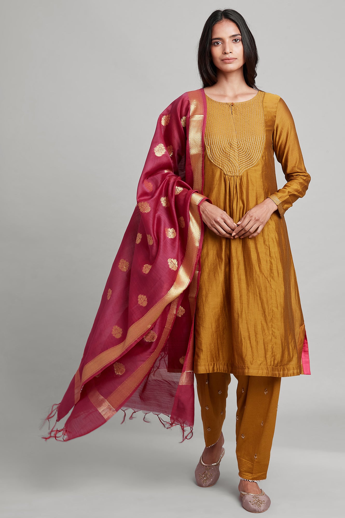 Dark Yellow Silk Chanderi kurta