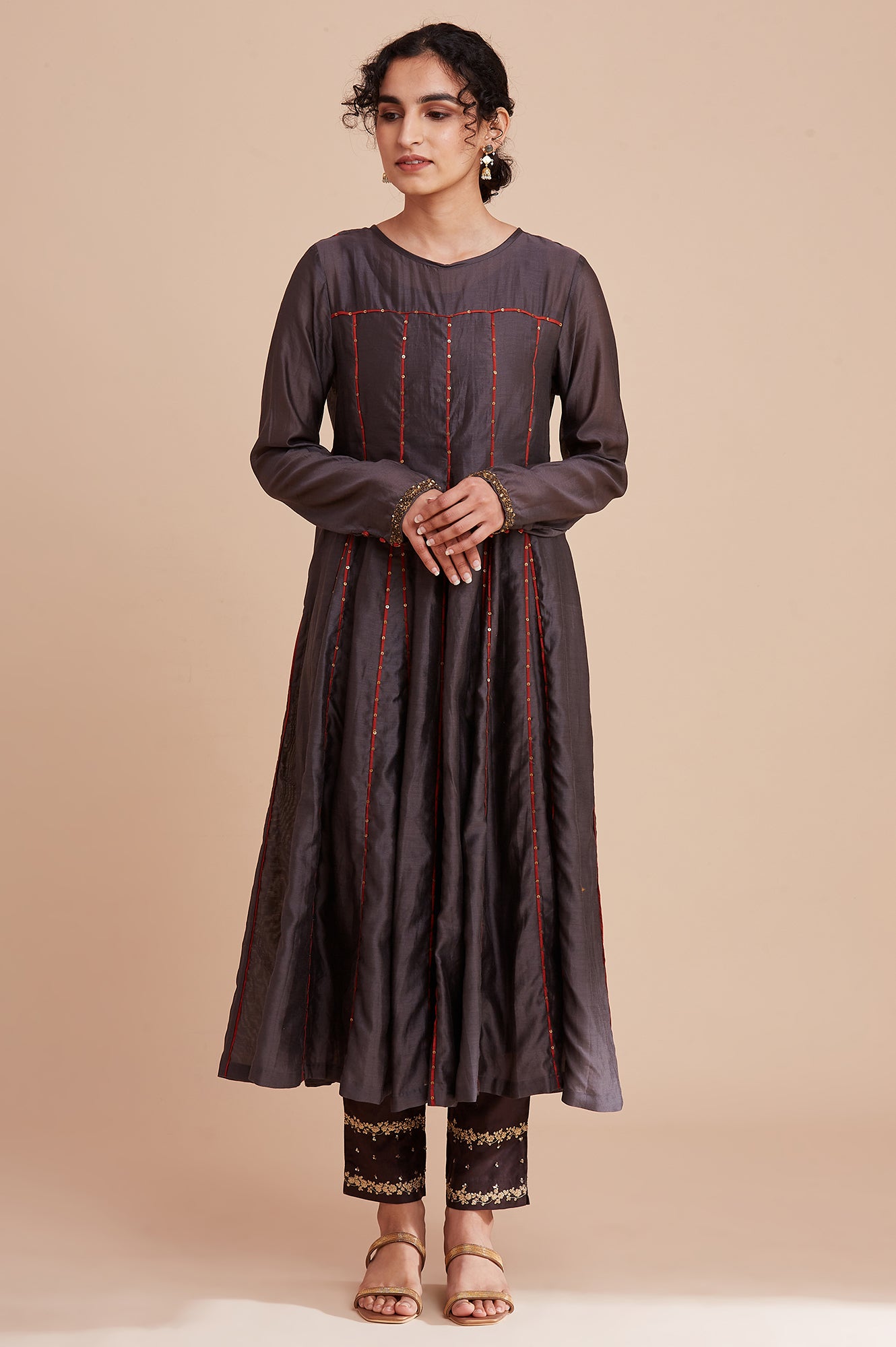 Grey Silk Chanderi Flared kurta