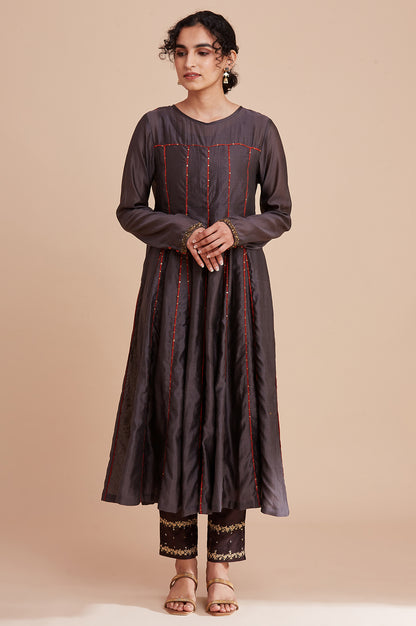Grey Silk Chanderi Flared kurta
