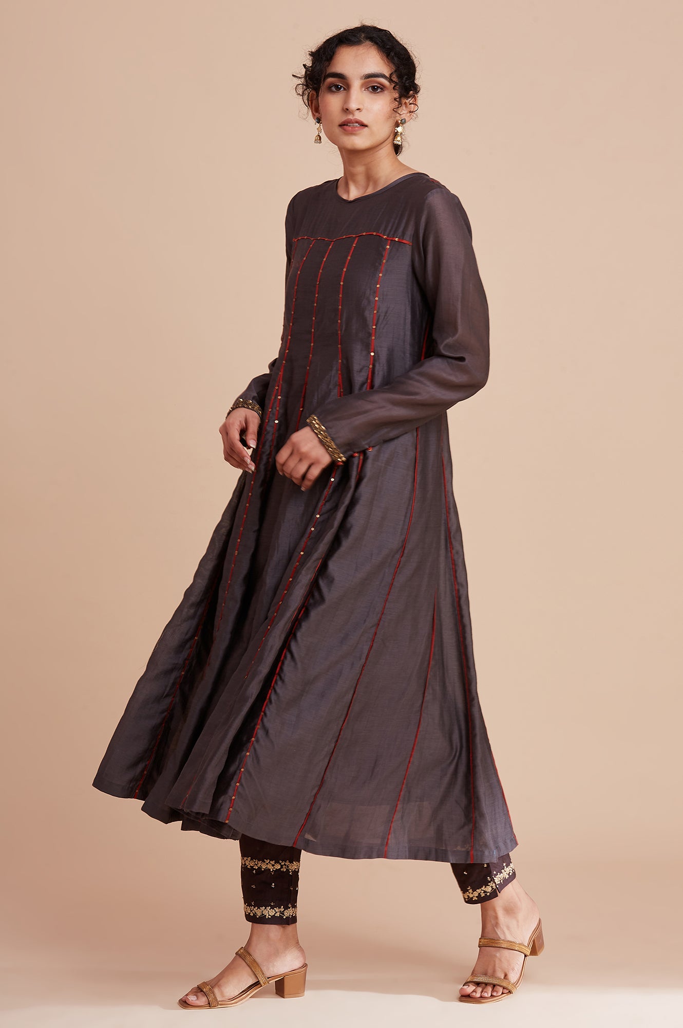 Grey Silk Chanderi Flared kurta