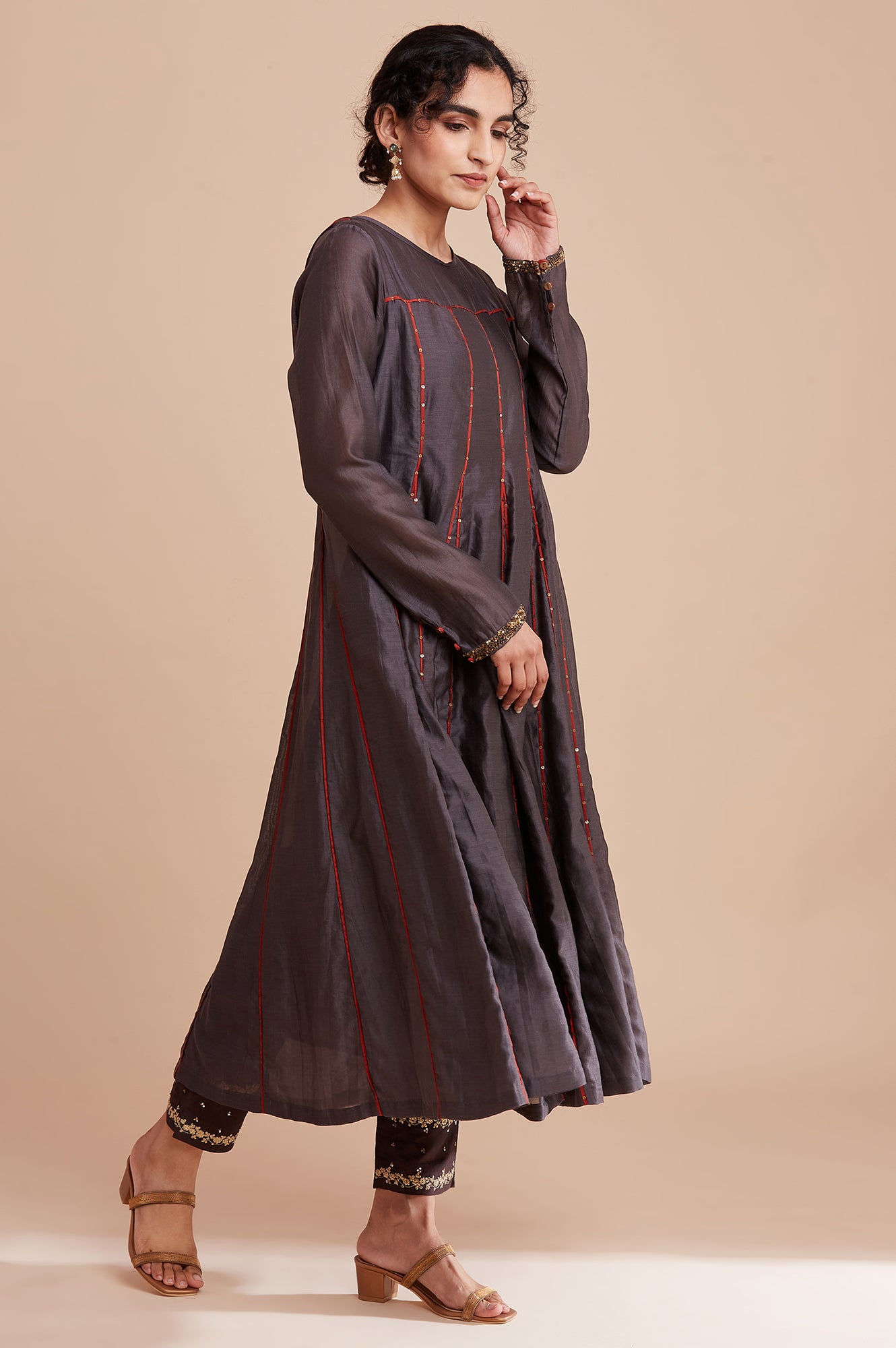 Grey Silk Chanderi Flared kurta