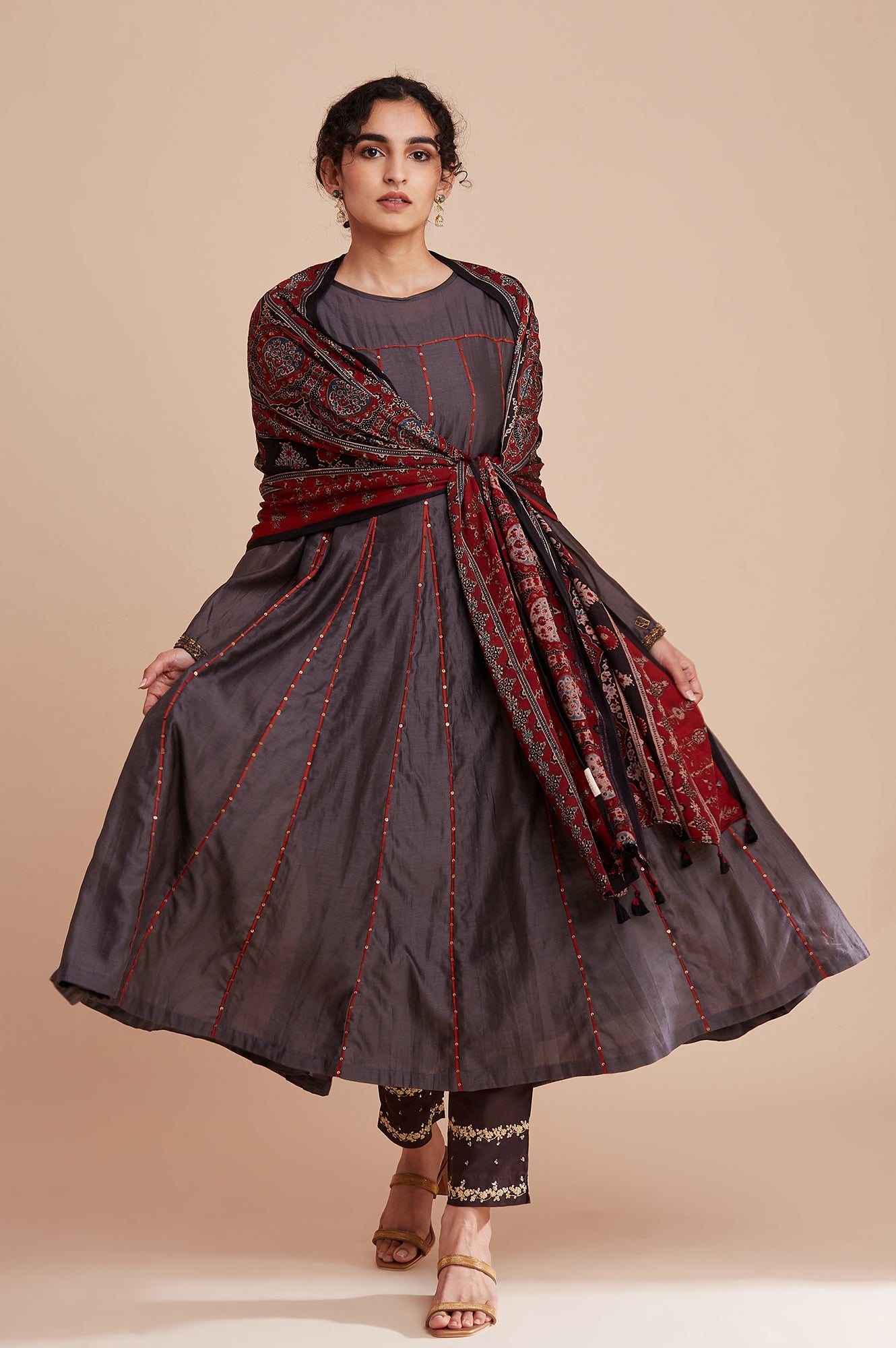 Grey Silk Chanderi Flared kurta