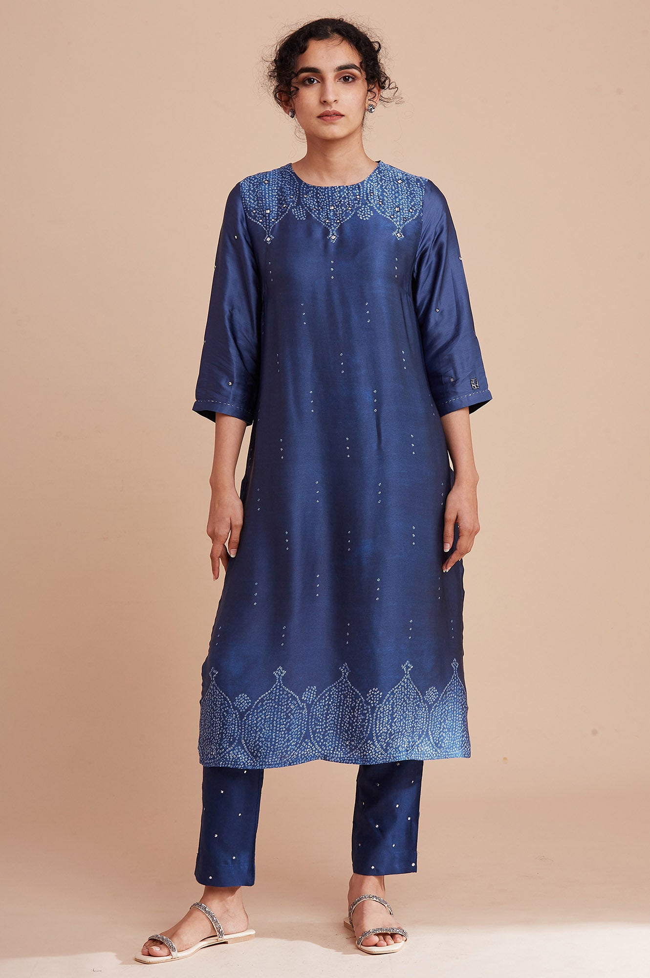 Blue Printed Straight kurta In Lustrous Satin