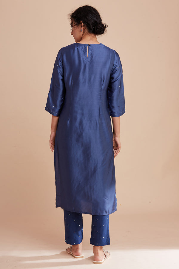 Blue Printed Straight kurta In Lustrous Satin