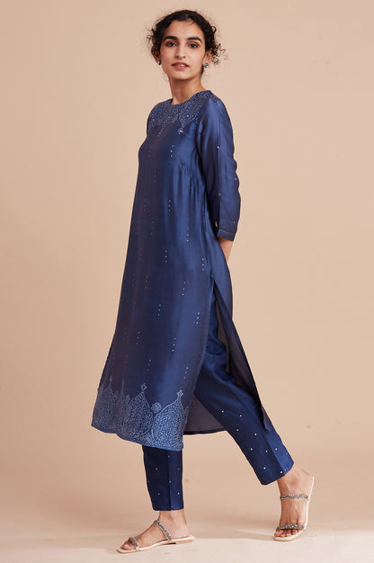 Blue Printed Straight kurta In Lustrous Satin