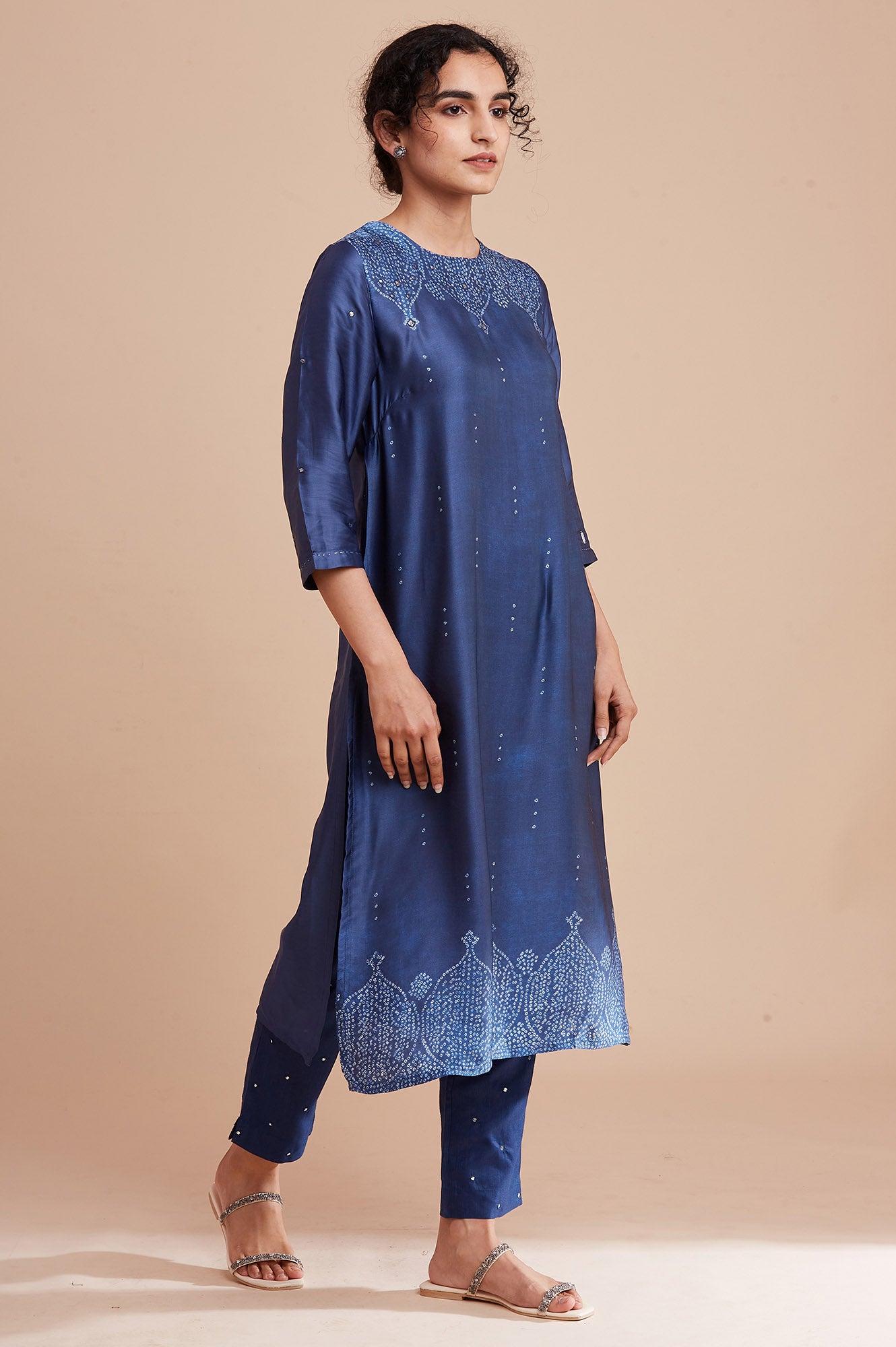 Blue Printed Straight kurta In Lustrous Satin