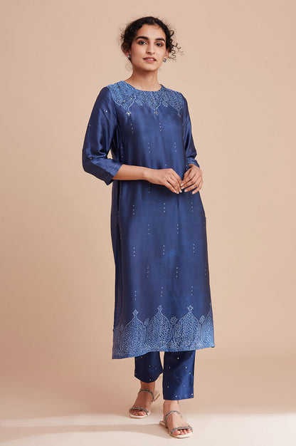 Blue Printed Straight kurta In Lustrous Satin