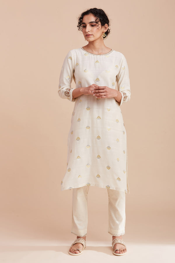 Ecru Silk Chanderi Jacquard kurta