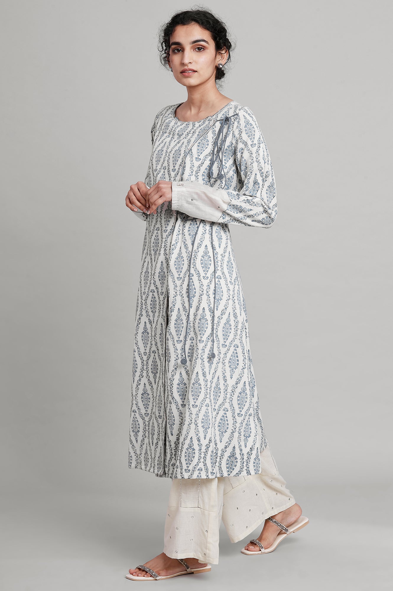 Ecru Hand Block Print Angrakha kurta