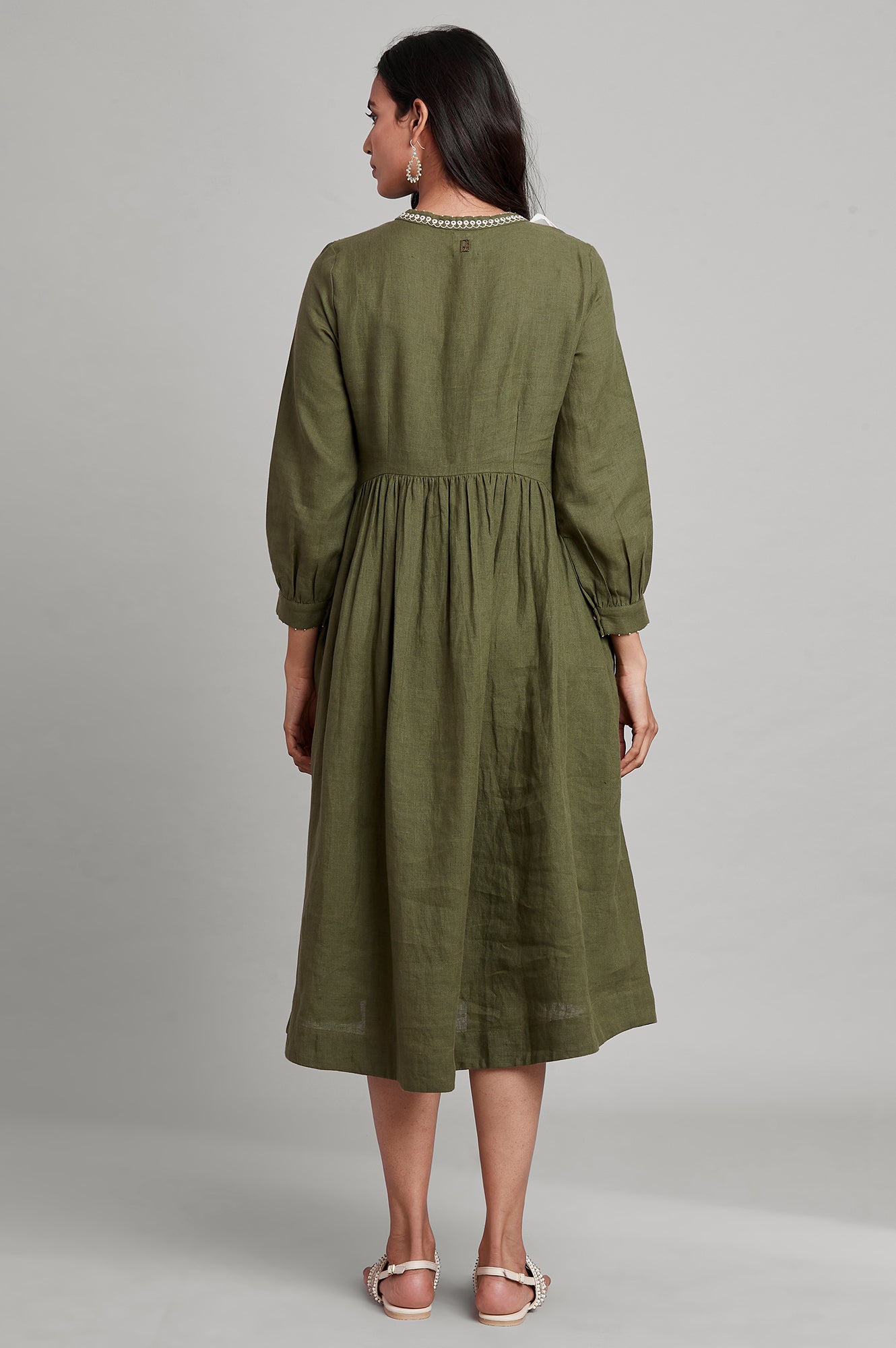Dark Green Gathered Solid Dress